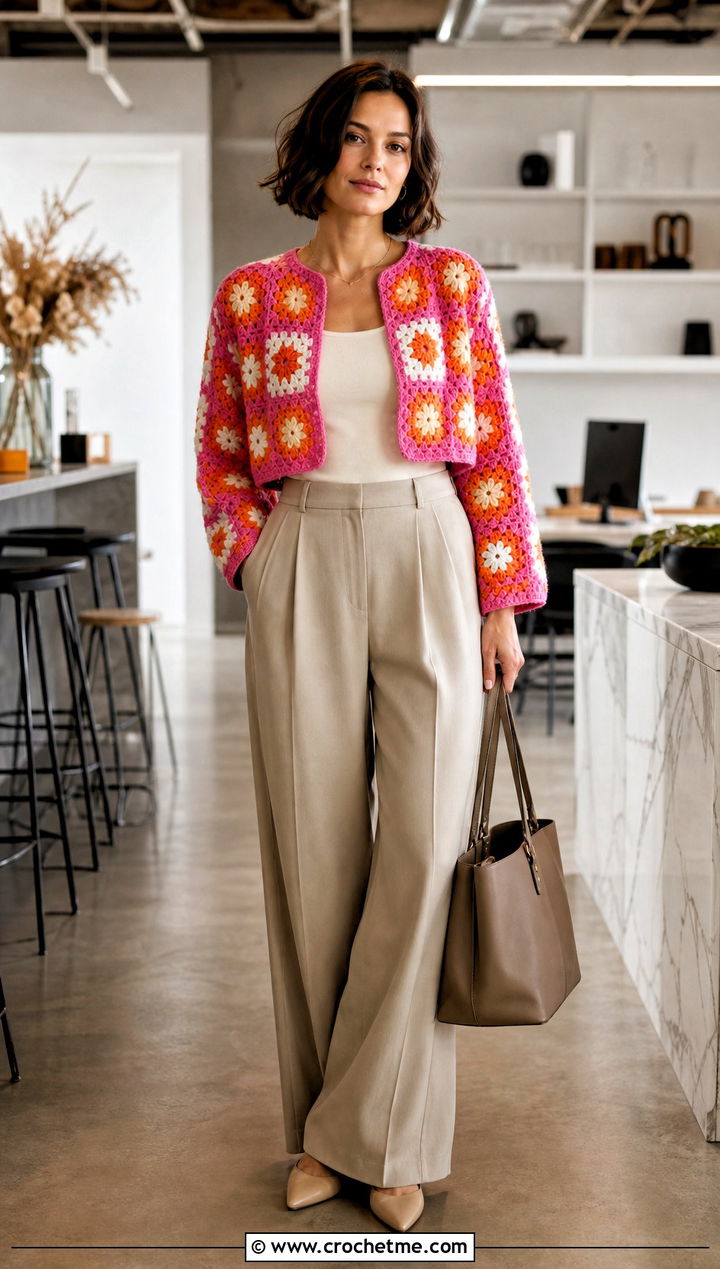 Cropped African Flower Granny Square Cardigan With Pleated Trousers - 30 african flower granny square cardigan outfit ideas