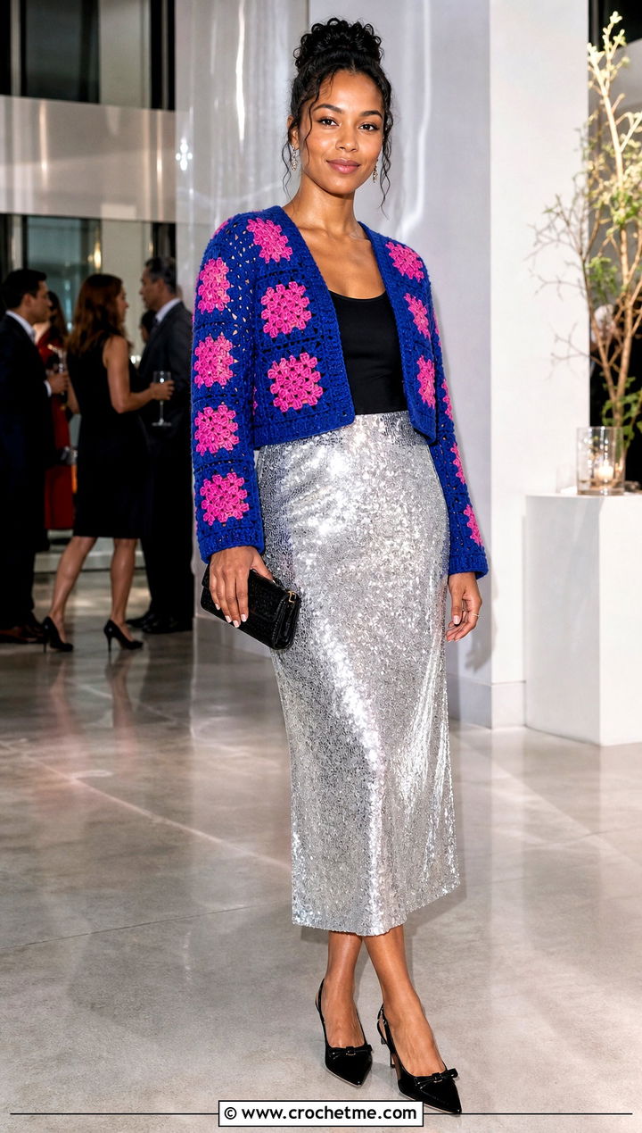 Cropped African Flower Granny Square Cardigan With Sequin Skirt - 30 african flower granny square cardigan outfit ideas
