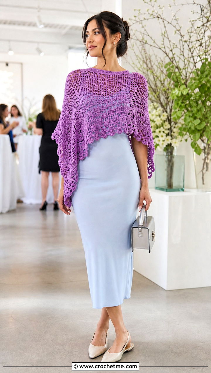 Cropped Asymmetrical Crochet Poncho With Midi Dress - 25 Asymmetrical Crochet Poncho outfit ideas