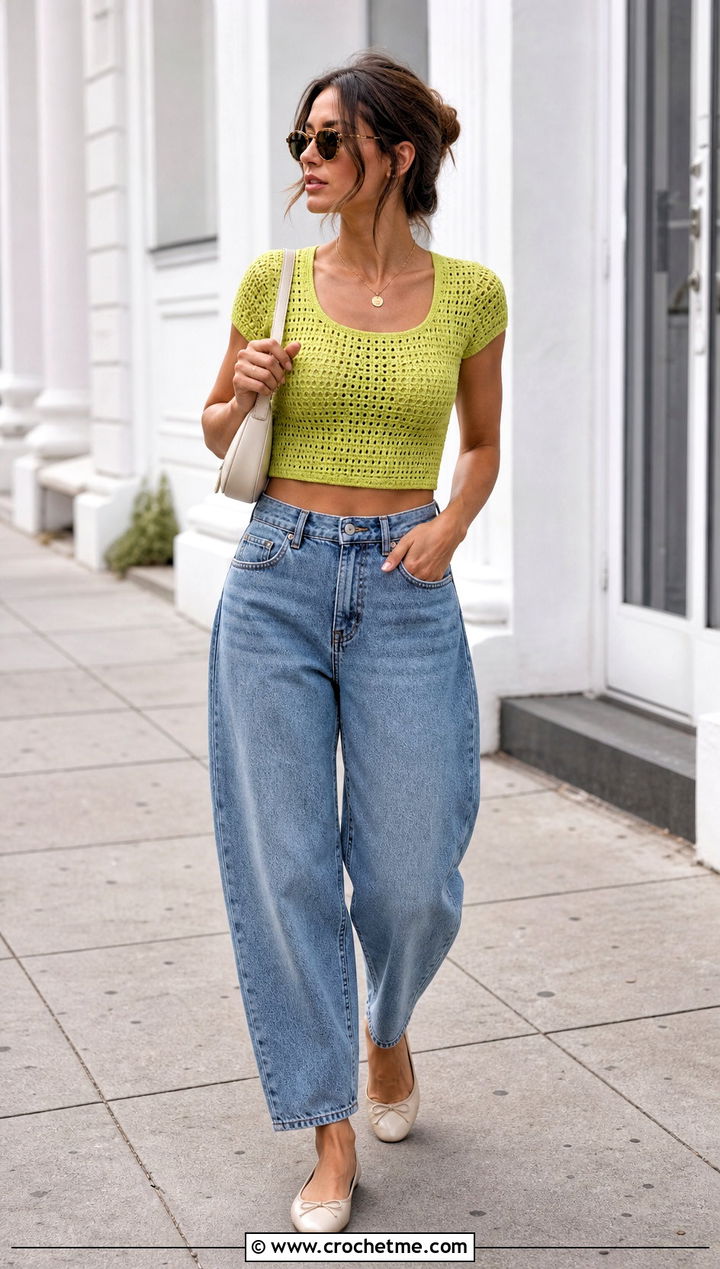 Cropped Baby Crochet Tee With Barrel Jeans - 35 crochet tee outfit ideas