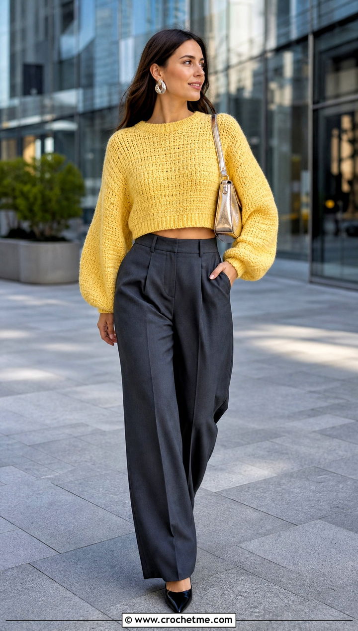 Cropped Balloon Sleeve Chunky Crochet Sweater With Wide Leg Trousers - 25 Easy Chunky Crochet Sweater outfit ideas