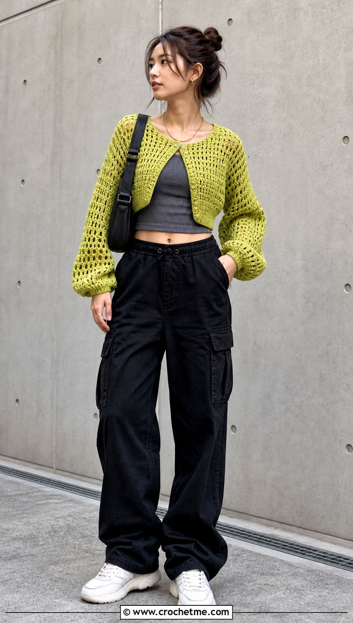 Cropped Balloon Sleeve Crochet Cardigan With Cargo Pants - 30 loose crochet cardigan outfit ideas