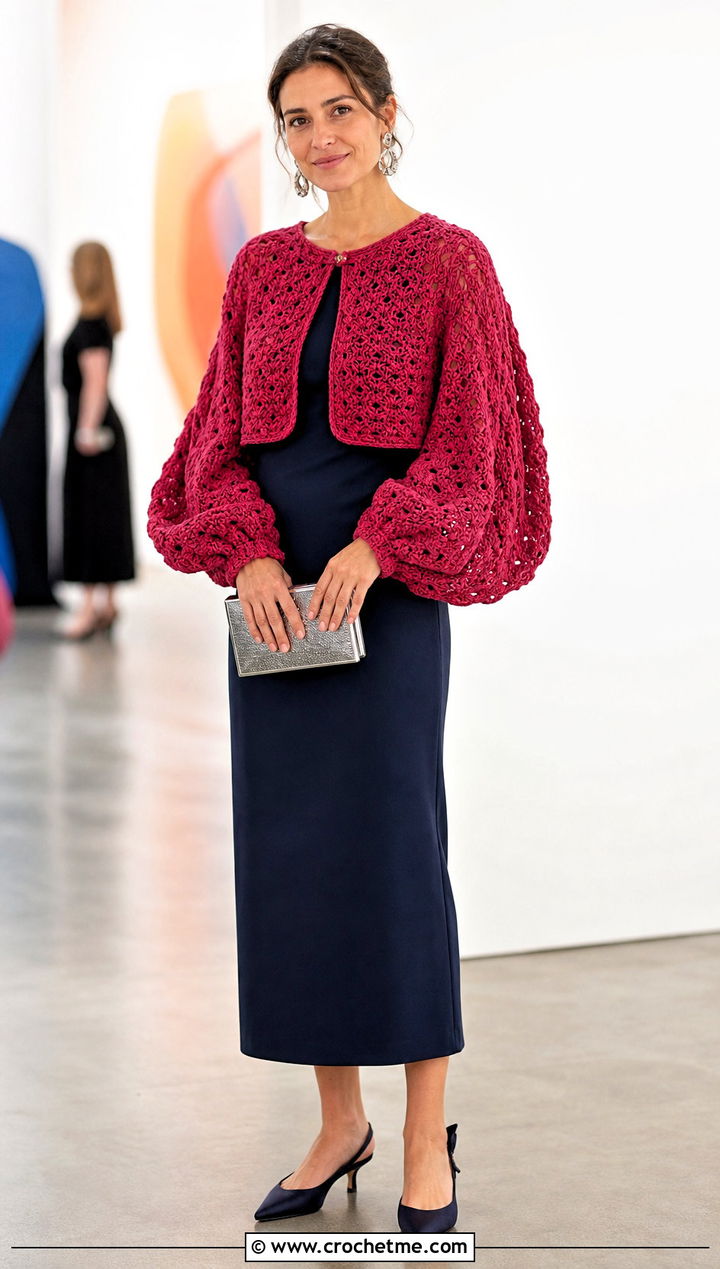 Cropped Balloon Sleeve Crochet Cardigan With Column Dress - 25 Bulky Crochet Cardigan outfit ideas