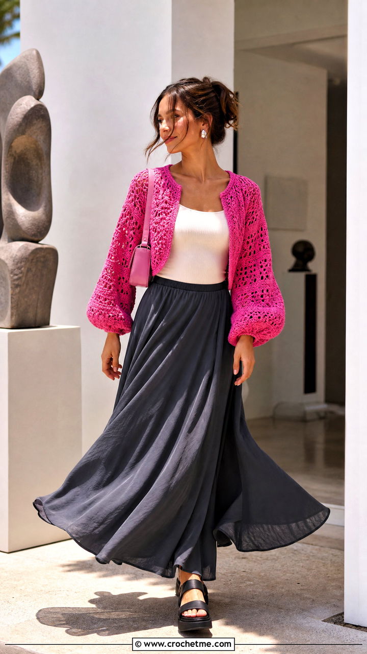 Cropped Balloon Sleeve Crochet Cardigan With Maxi Skirt - 35 oversized crochet cardigan outfit ideas