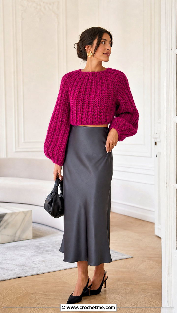 Cropped Balloon Sleeve Crochet Sweater With Satin Midi Skirt - 25 chunky yarn crochet sweater outfit ideas