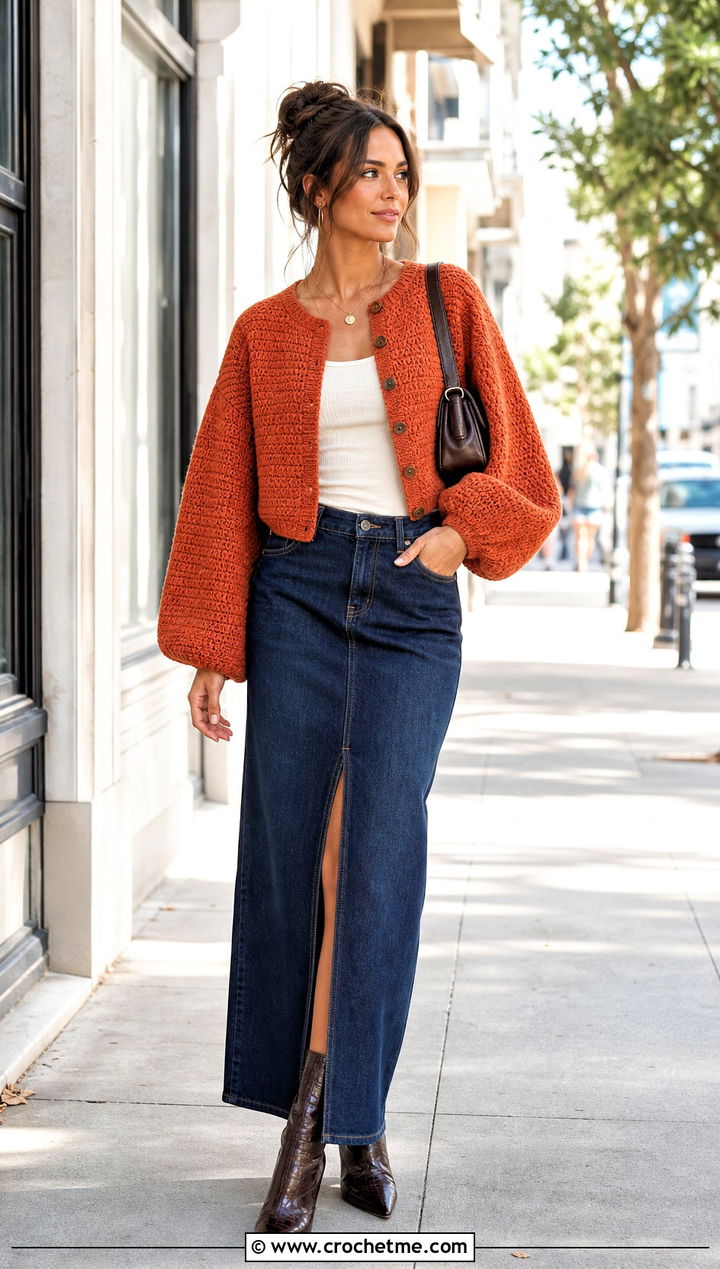 Cropped Balloon Sleeve Moss Stitch Cardigan With Denim Maxi Skirt - 30 crochet moss stitch cardigan outfit ideas