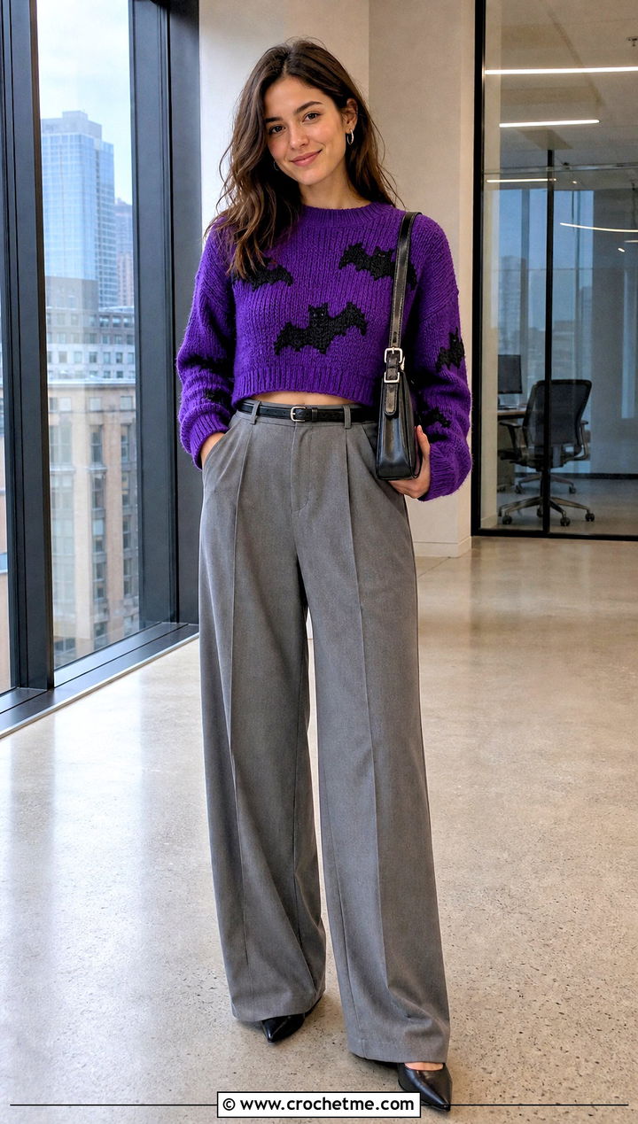 Cropped Bat Halloween Crochet Jumper With Wide Leg Trousers - 15 Halloween Crochet Jumper outfit ideas