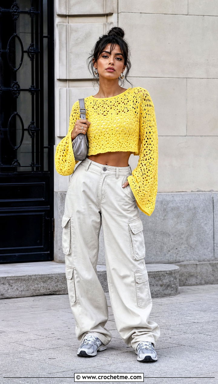 Cropped Bell Sleeve Crochet Barbie Sweater With Cargo Pants - 25 crochet barbie sweater outfit ideas