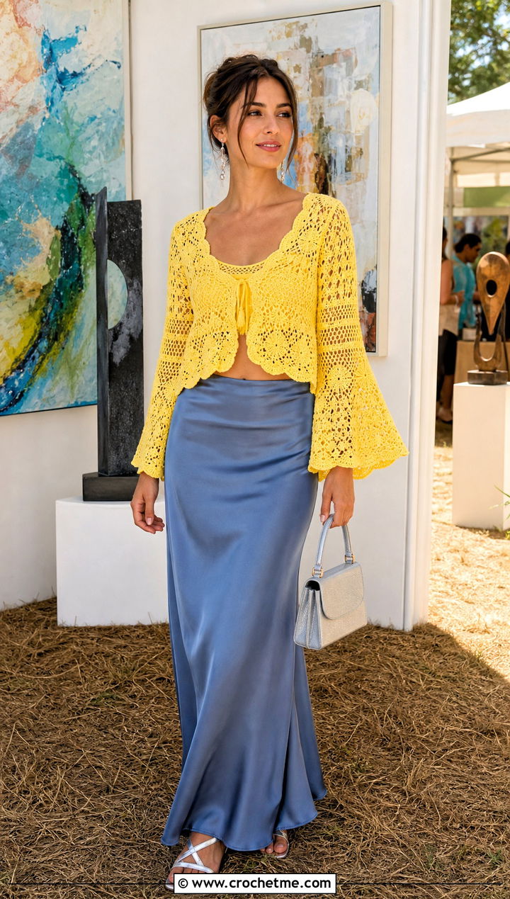 Cropped Bell Sleeve Crochet Cover Up Top With Maxi Skirt - 15 crochet cover up top ideas