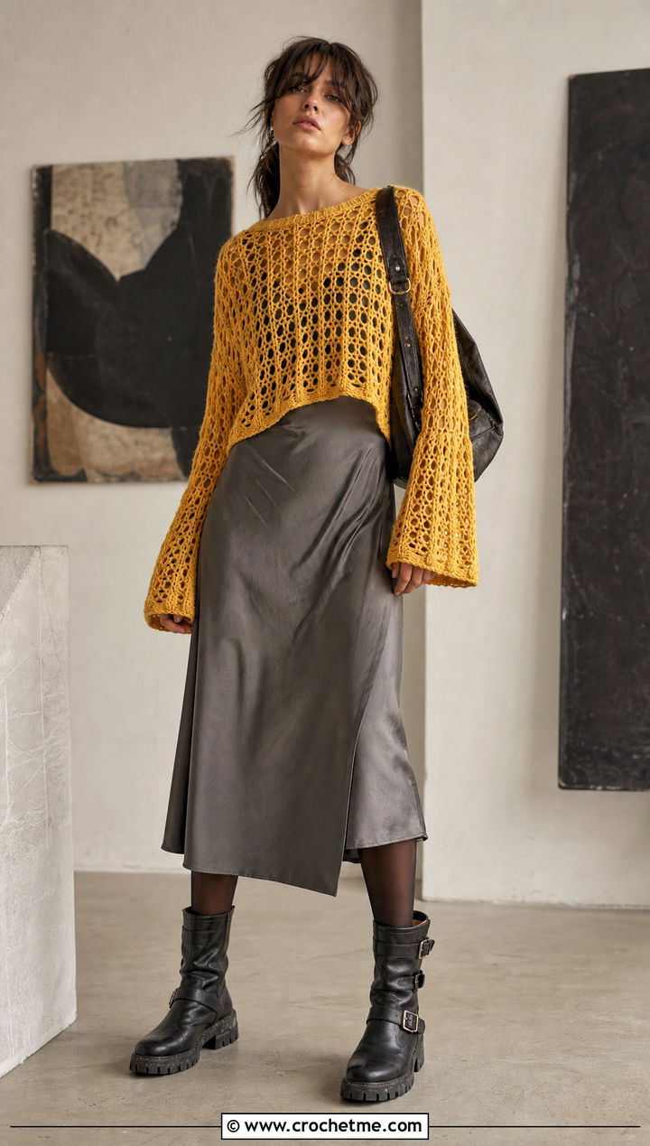 Cropped Bell Sleeve Crochet Grunge Sweater Over A Slip Dress - 30 crochet grunge sweater outfit ideas