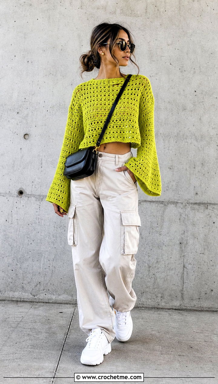 Cropped Bell Sleeve Crochet Jumper With Cargo Pants - 15 Ladies Crochet Jumper outfit ideas