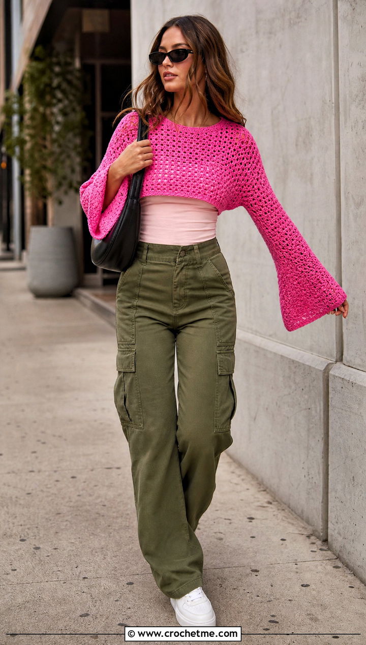 Cropped Bell Sleeve Crochet Pullover With Cargo Pants - 15 crochet for ladies pull over sweaters outfit ideas
