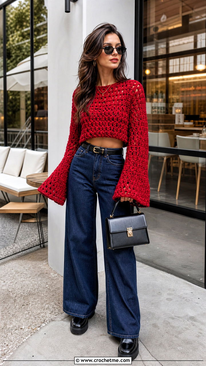 Cropped Bell Sleeve Crochet Sweater With Wide Leg Jeans - 35 fall crochet sweater outfit ideas