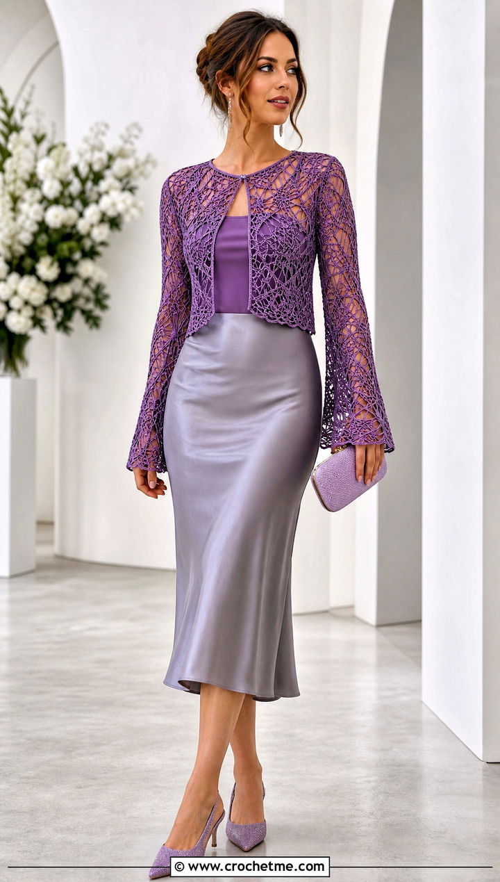 Cropped Bell Sleeve Spider Web Cardigan With Satin Skirt - 25 Crochet Spider Web Cardigan outfit ideas