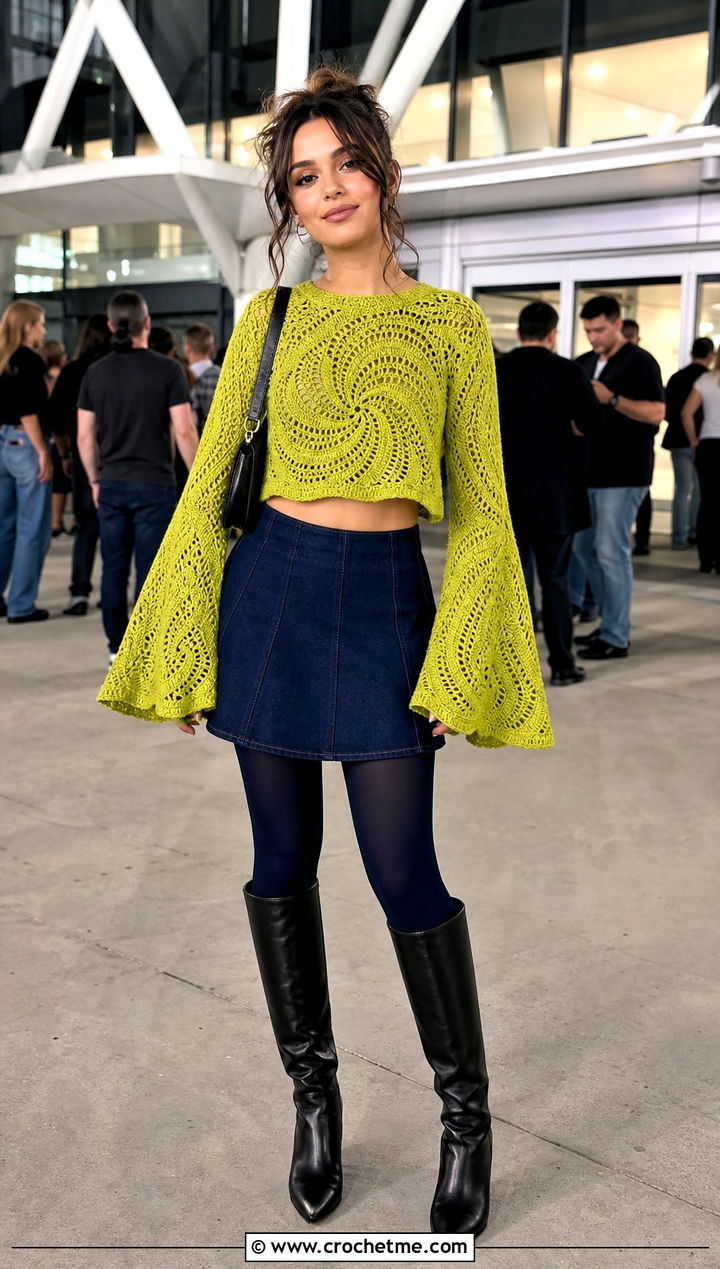 Cropped Bell Sleeve Swirl Crochet Sweater With Mini Skirt - 25 swirl crochet sweater outfit ideas