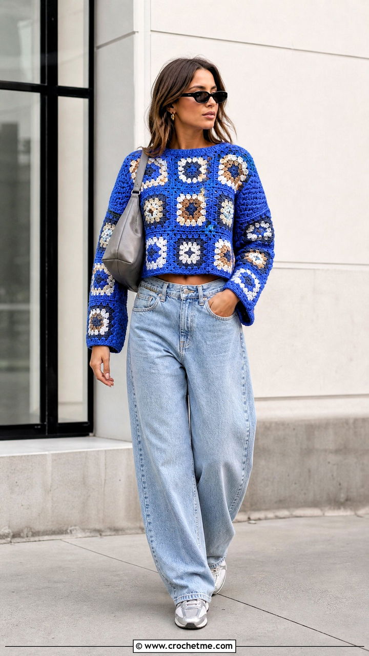 Cropped Big Granny Square Sweater With Barrel Jeans - 35 big granny square sweater outfit ideas