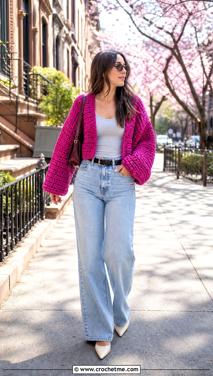 Cropped Blanket Crochet Cardigan With High Waisted Jeans - 25 blanket crochet cardigan outfit ideas