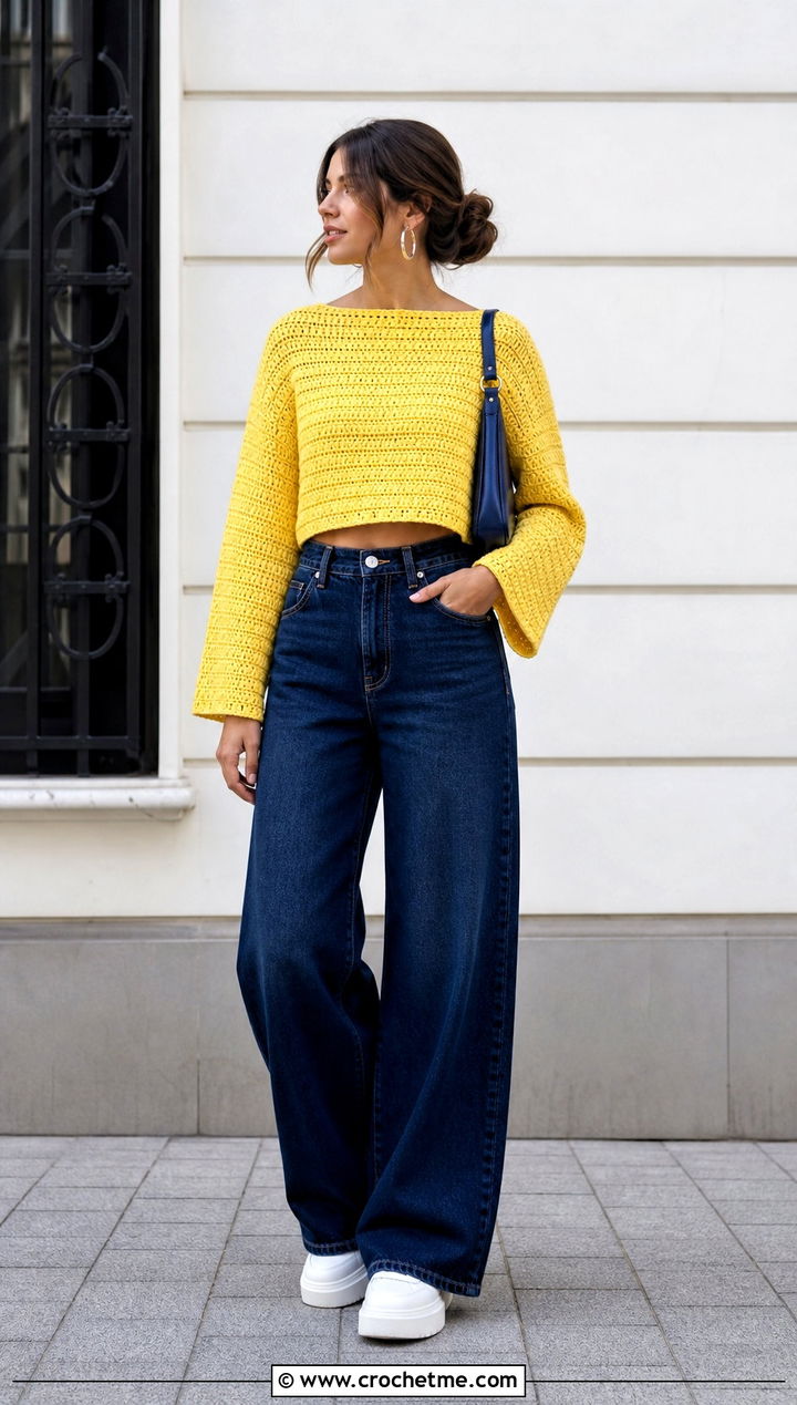 Cropped Boat Neck Crochet Sweater With Wide Leg Jeans - 15 boat neck crochet sweater outfit ideas