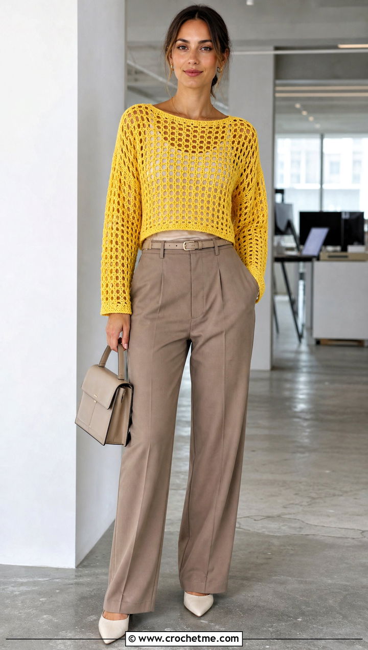 Cropped Boat Neck Mesh Pullover With Tailored Trousers - 20 Crochet Mesh Pullover outfit ideas