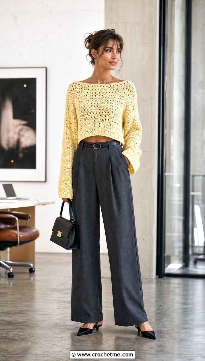 Cropped Boat Neck V Stitch Crochet Sweater With Wide Leg Trousers - 25 V Stitch Crochet Sweater outfit ideas