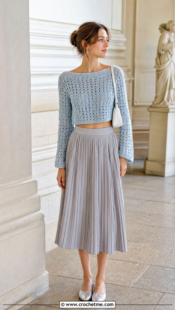 Cropped Boatneck Crochet Sweater With Pleated Skirt - 25 vintage crochet sweater outfit ideas