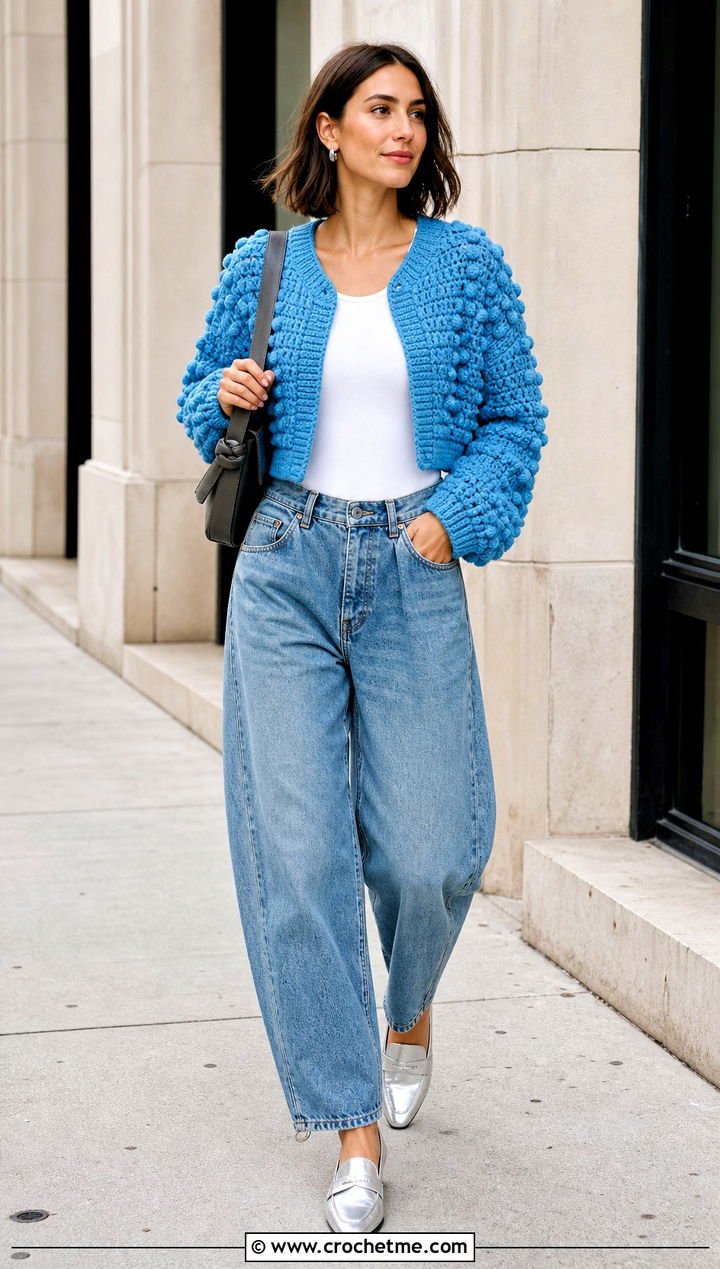 Cropped Bobble Crochet Cardigan With Barrel Jeans - 30 puffy crochet cardigan outfit ideas