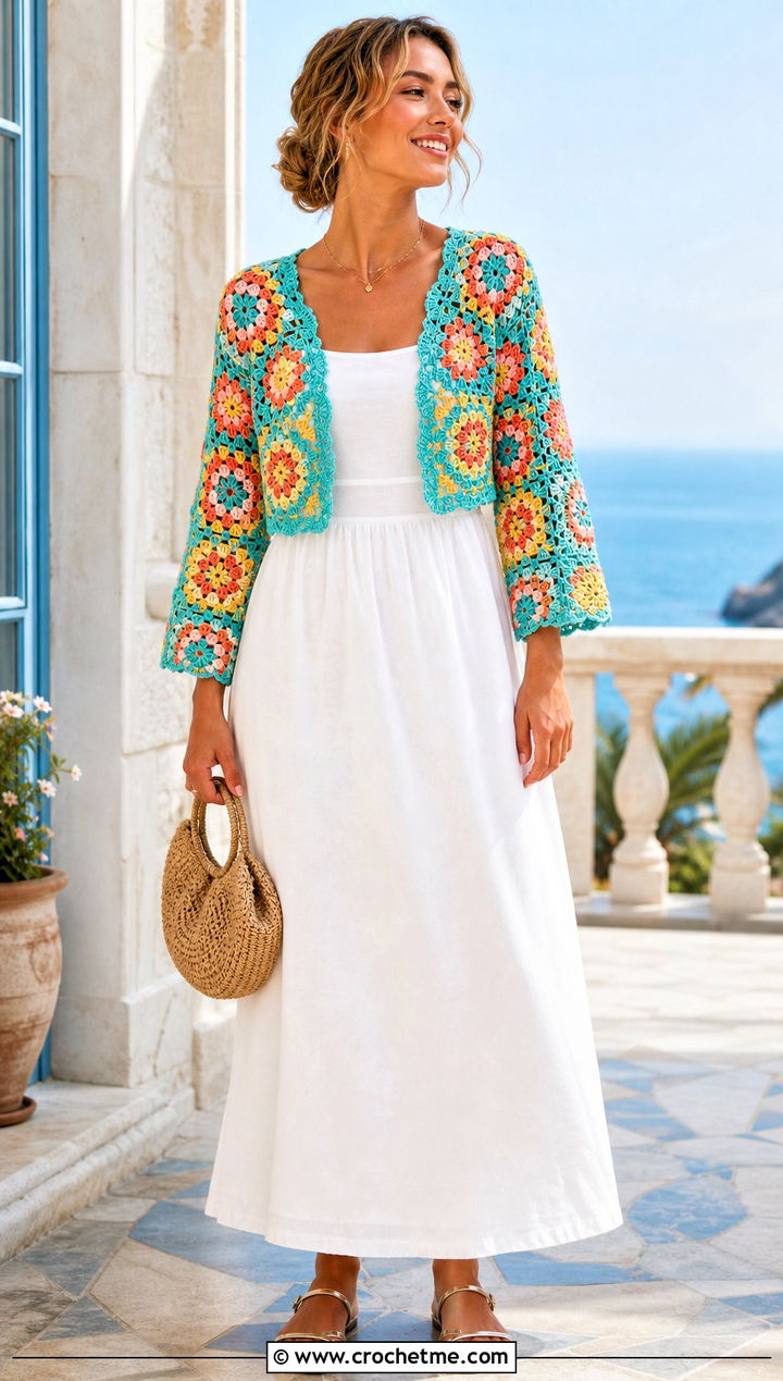 Cropped Bolero African Flower Crochet Cardigan With Maxi Dress - 30 african flower crochet cardigan outfit ideas