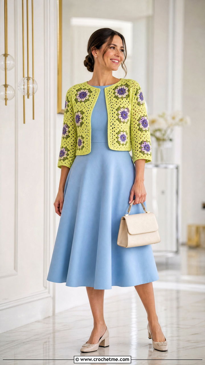 Cropped Bolero Big Granny Square Cardigan With Fit And Flare Dress - 35 Big Granny Square Cardigan outfit ideas