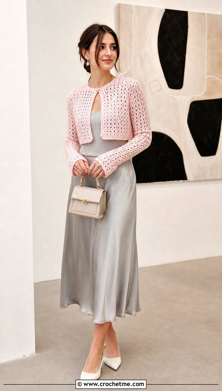 Cropped Bolero Crochet Cardigan With Satin Midi Skirt - 30 crochet women's cardigan outfit ideas