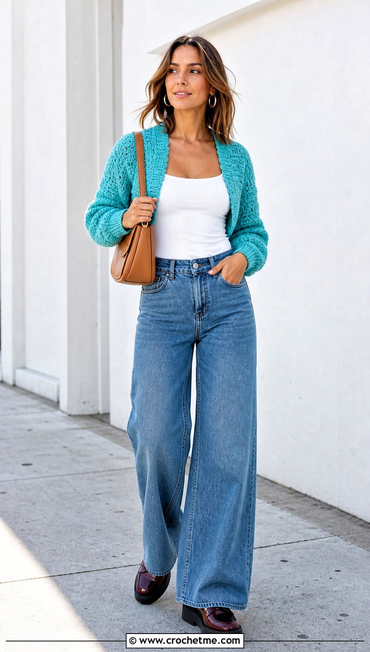 Cropped Bolero Crochet Shrug With Wide Leg Jeans - 25 Crochet Shrug Sleeves outfit ideas
