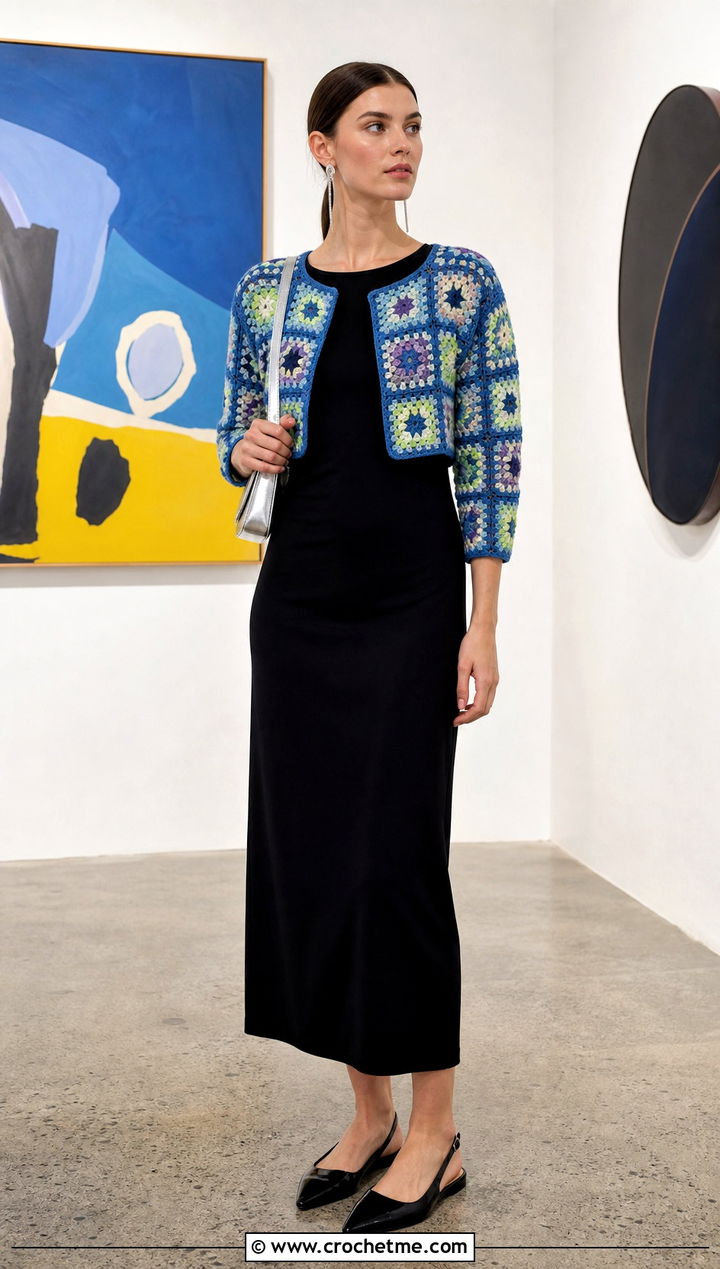 Cropped Bolero Granny Square Patchwork Cardigan With Column Dress - 30 Granny Square Patchwork Cardigan outfit ideas