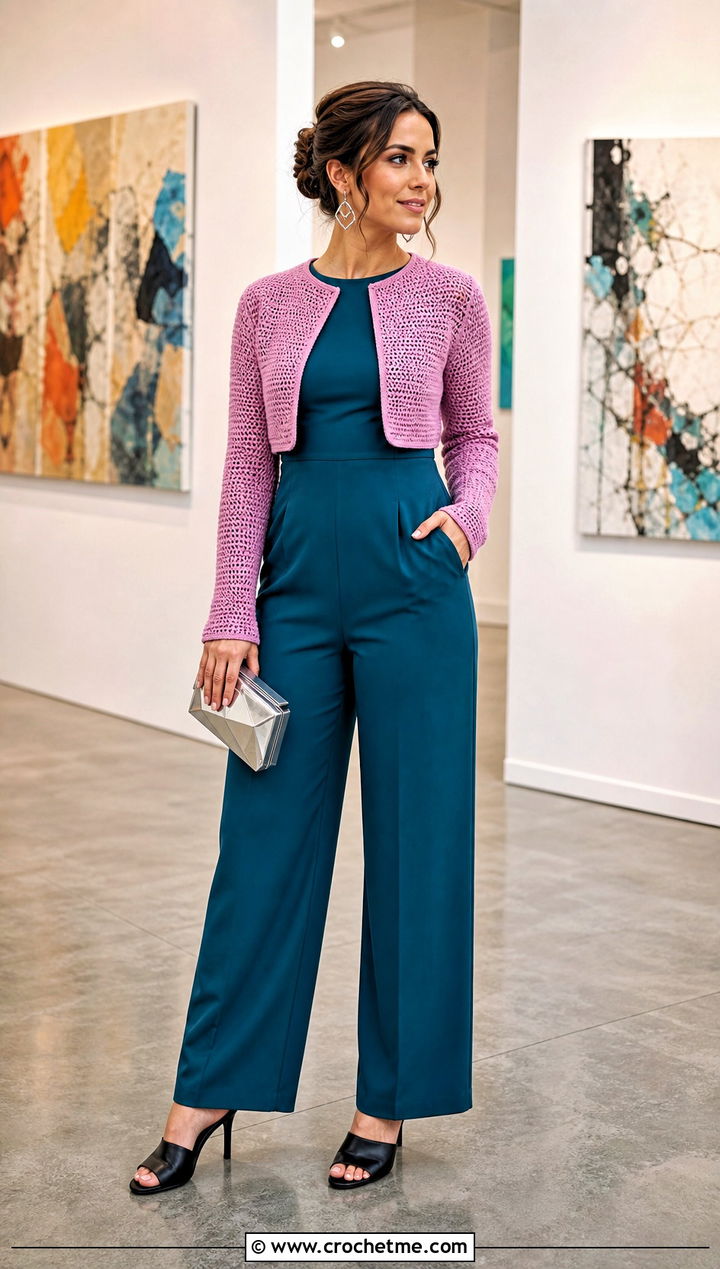 Cropped Bolero Single Crochet Cardigan With Jumpsuit - 25 single crochet cardigan outfit ideas