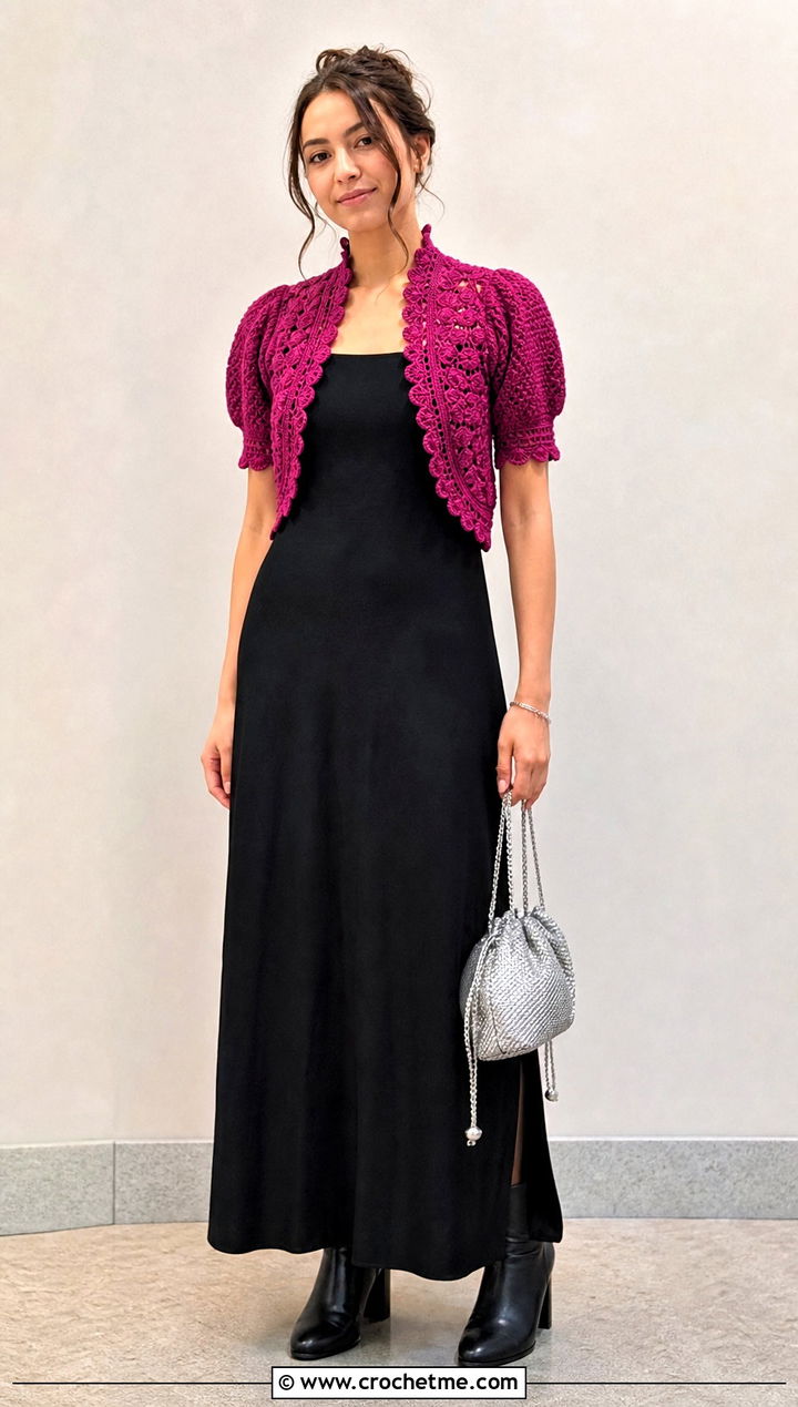 Cropped Bolero Victorian Crochet Cardigan With Maxi Dress - 15 Victorian Style Crochet Cardigan outfit ideas
