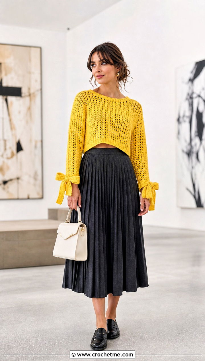 Cropped Bow Sleeve Crochet Sweater With Pleated Midi Skirt - 25 crochet bow sweater outfit ideas