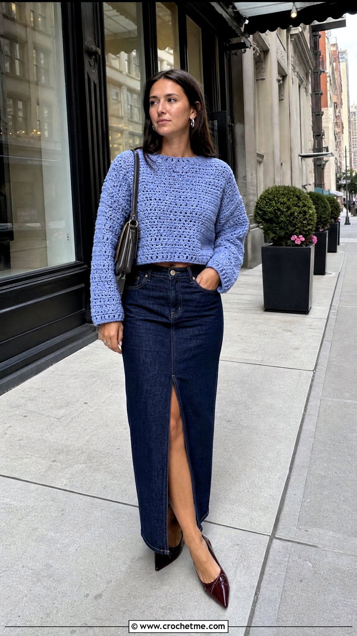 Cropped Boxy Chunky Crochet Sweater With Denim Maxi Skirt - 35 chunky crochet sweater outfit ideas