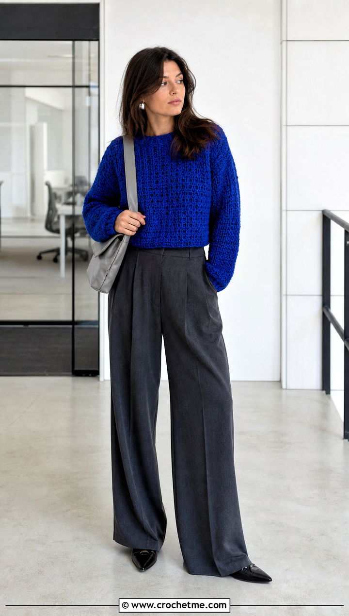 Cropped Boxy Crochet Bulky Sweater With Wide Leg Trousers - 25 Crochet Bulky Sweater outfit ideas