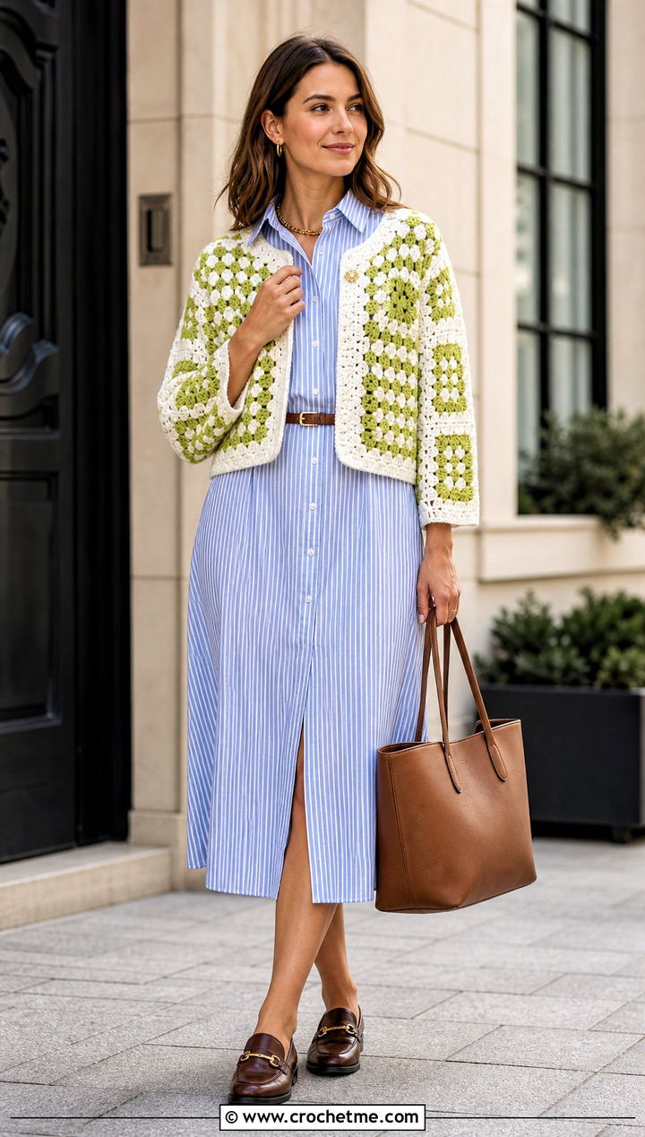 Cropped Boxy Crochet Cardigan With A Shirt Dress - 25 green and white crochet cardigan outfit ideas