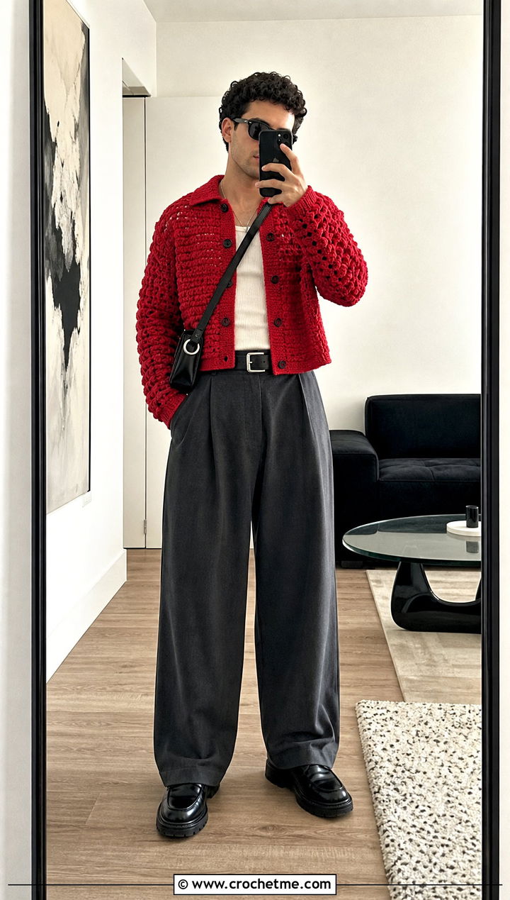 Cropped Boxy Crochet Cardigan With Wide Leg Pants - 30 mens crochet cardigan sweater outfit ideas