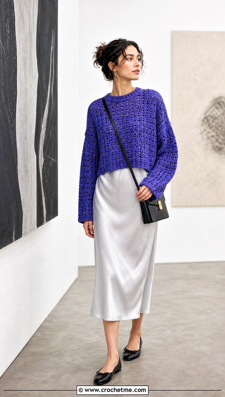 Cropped Boxy Crochet Drop Shoulder Sweater Over Slip Dress - 30 crochet drop shoulder sweater outfit ideas