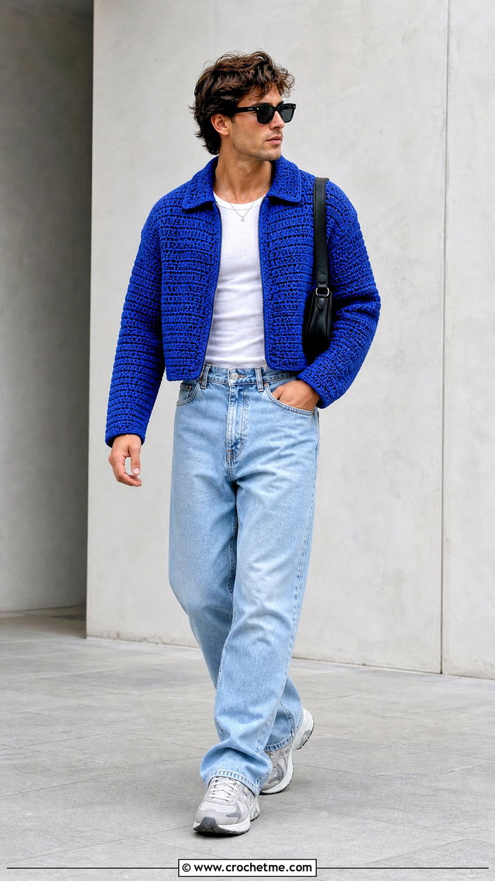 Cropped Boxy Crochet Jacket With High Rise Jeans - 35 crochet jacket for men outfit ideas