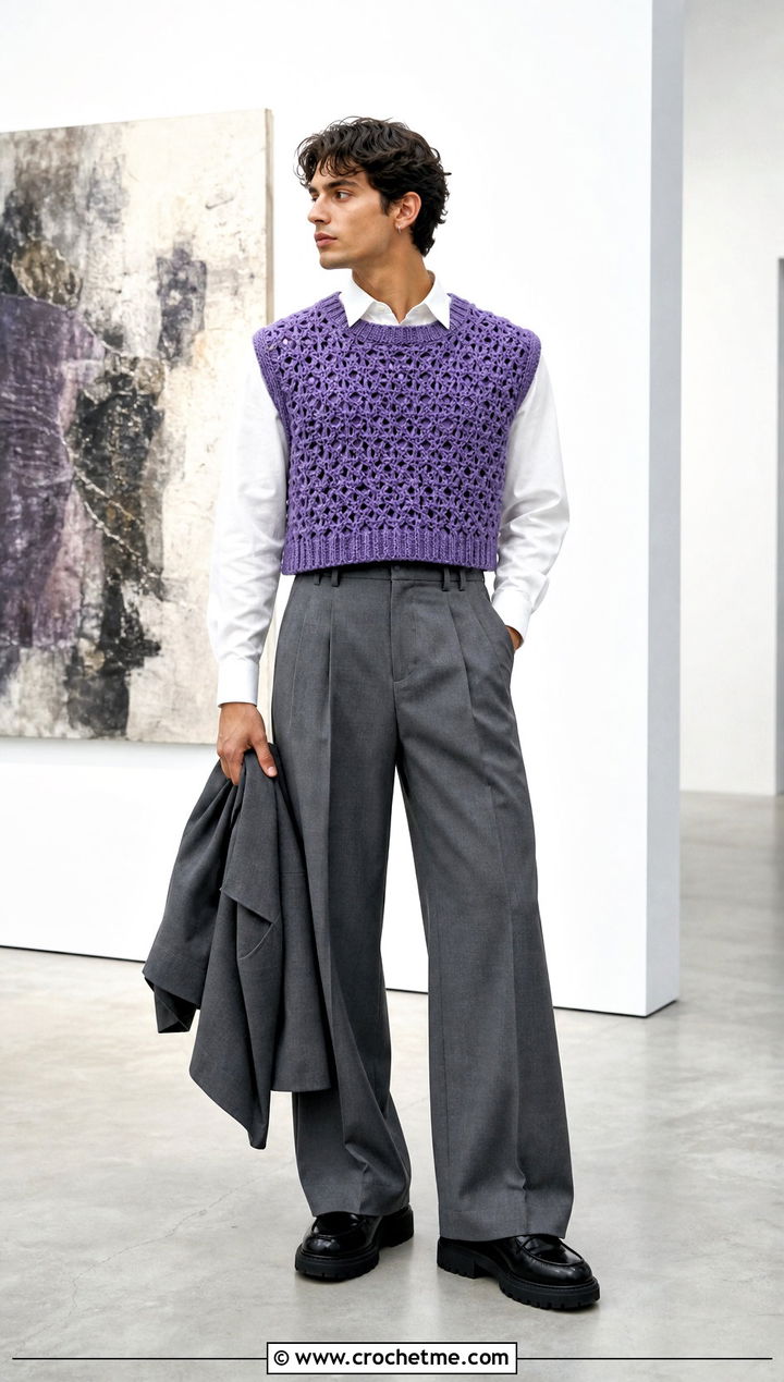 Cropped Boxy Crochet Mens Sweater Vest With High Waist Trousers - 25 crochet mens sweater vest outfit ideas