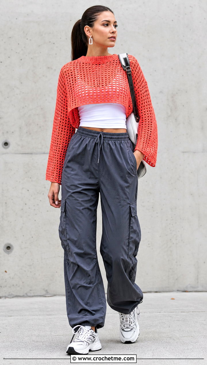 Cropped Boxy Crochet Oversize Sweater With Parachute Pants - 20 Crochet Oversize Sweater outfit ideas