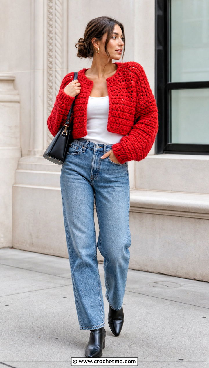 Cropped Boxy Crochet Pullover With Straight Leg Jeans - 30 bulky yarn crochet sweater outfit ideas