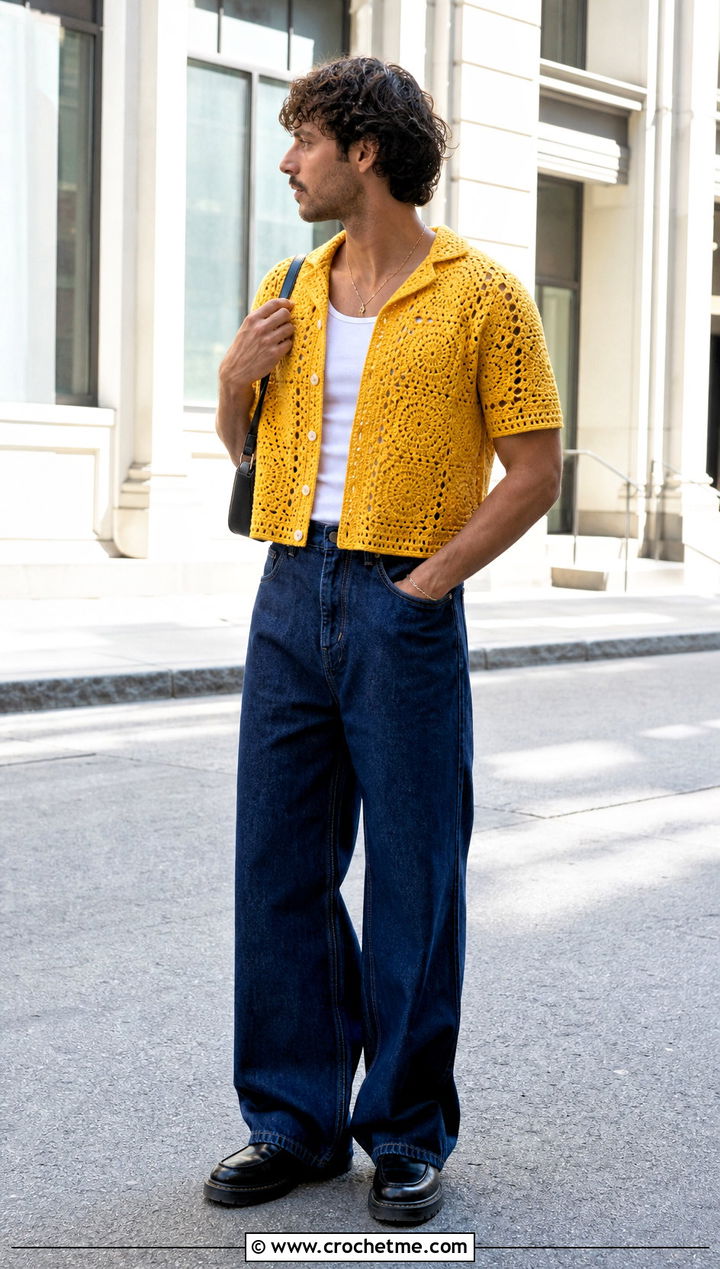 Cropped Boxy Crochet Shirt With High Rise Jeans - 35 men's crochet shirt outfit ideas