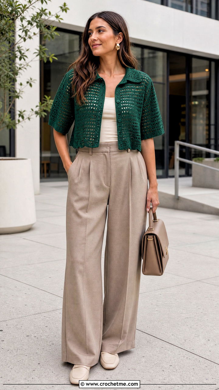 Cropped Boxy Crochet Shirt With Pleated Trousers - 35 crochet collared shirt outfit ideas