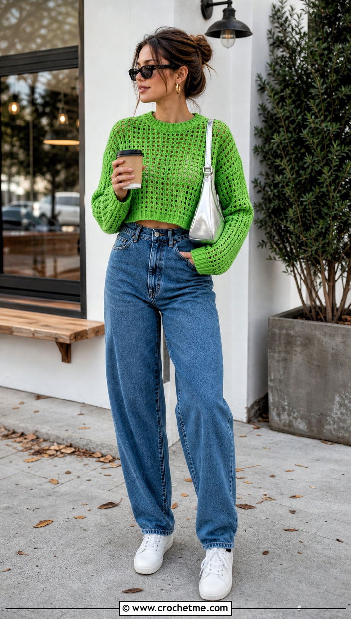 Cropped Boxy Crochet Sweater With Barrel Jeans - 15 Crochet Comfy Sweater outfit ideas