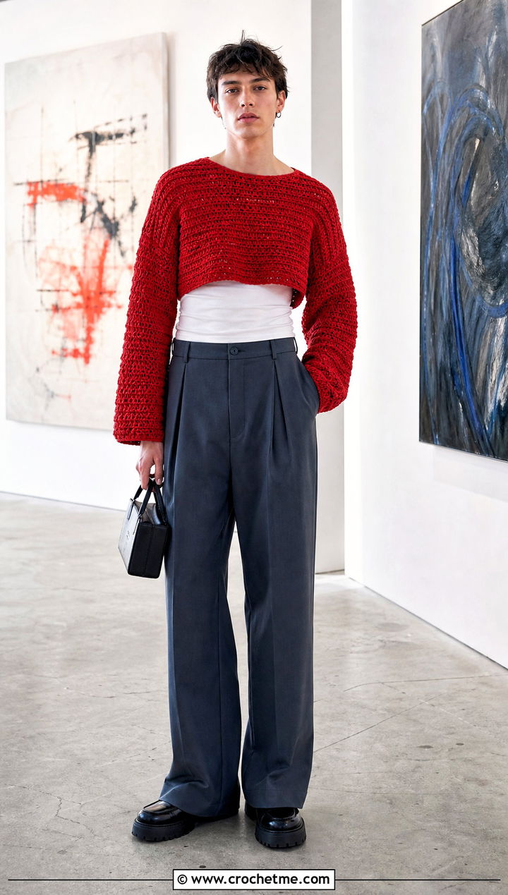 Cropped Boxy Crochet Sweater With High Waisted Pants - 25 unisex crochet sweater outfit ideas