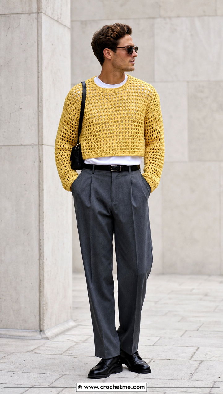 Cropped Boxy Crochet Sweater With High Waisted Trousers - 35 men's crochet sweater ideas