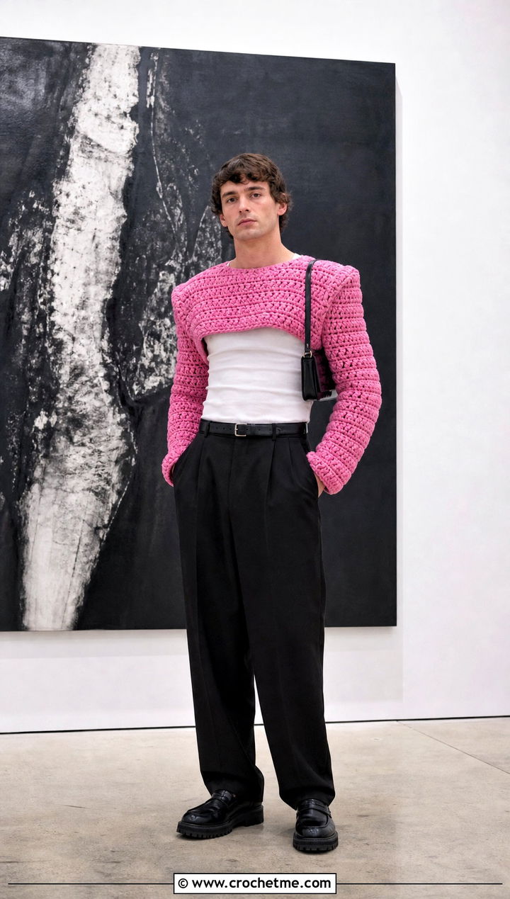Cropped Boxy Crochet Sweater With High Waisted Trousers - 30 crochet sweater for man outfit ideas