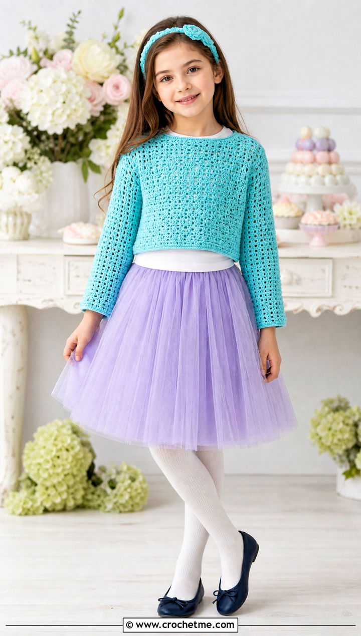 Cropped Boxy Crochet Sweater With Tulle Skirt - 15 Crochet Childs Sweater outfit ideas